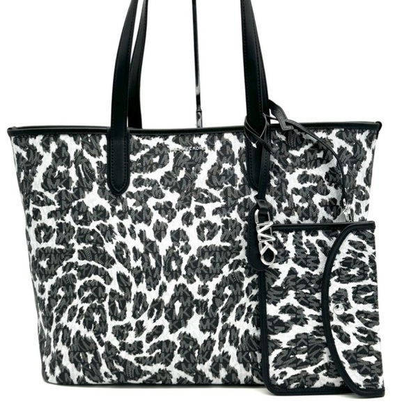 Michael Kors XL East West Tote Bag Leopard Print Black Multi - Picture 1 of 12